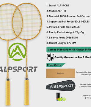 ALPSPORT RR Carbon Fiber Badminton Racket Set (2 stuks) - Offensief, 26LBS, Inclusief Tas & Shuttlecock - Ideaal voor Tieners