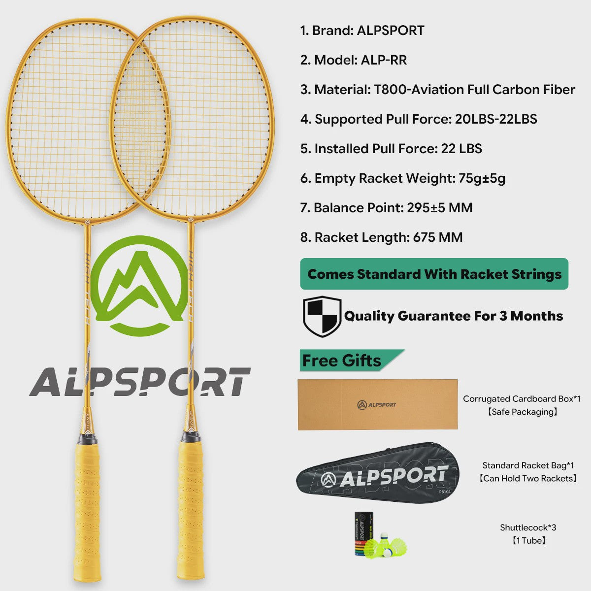 ALPSPORT RR Carbon Fiber Badminton Racket Set (2 stuks) - Offensief, 26LBS, Inclusief Tas & Shuttlecock - Ideaal voor Tieners