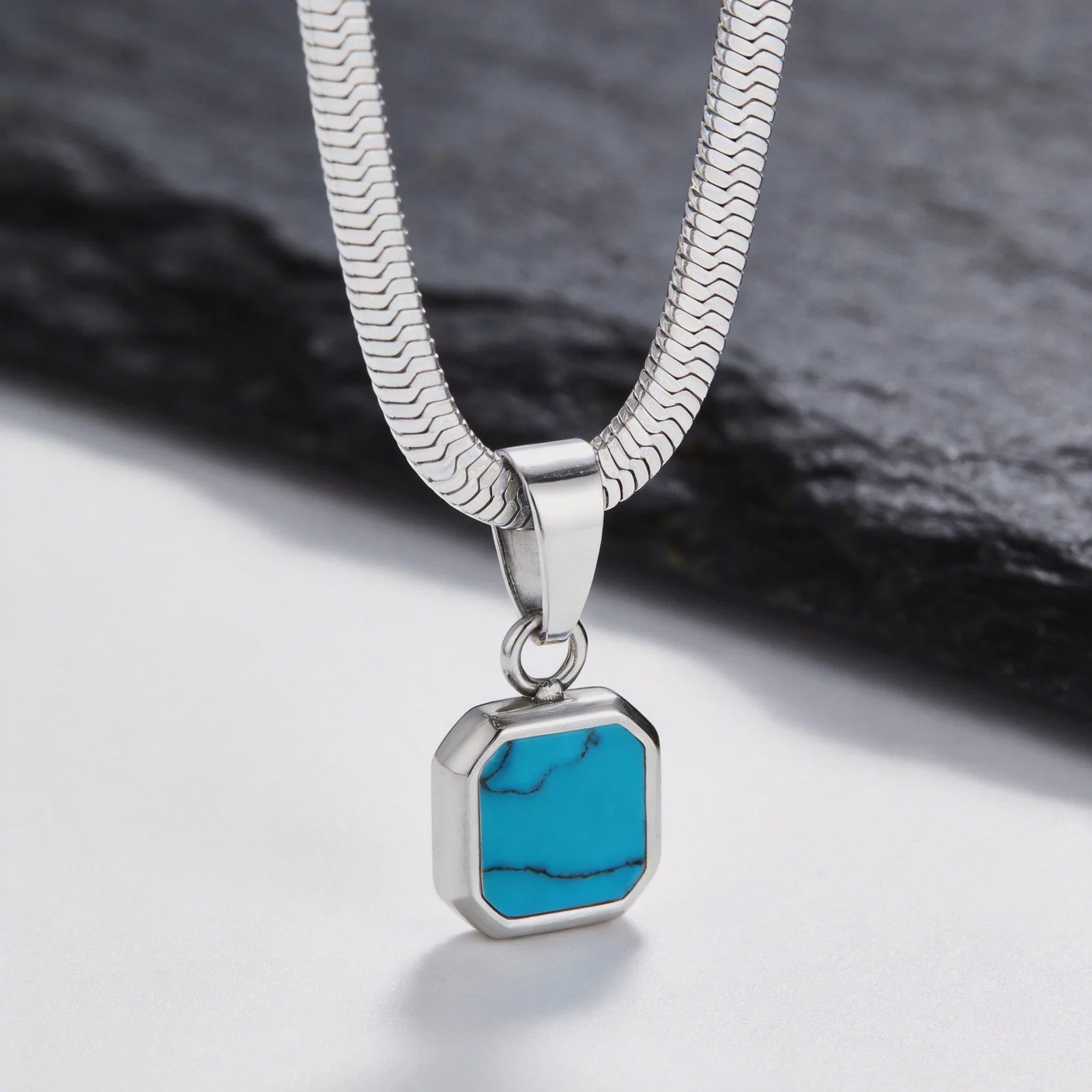 Vnox Heren Ketting met Geometrische Vierkante Natuursteen Hanger - Goud/Zilver Kleur Roestvrij Staal Blade Ketting