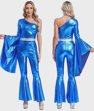 Dames Jumpsuit 70s Disco Metallic Met Wijde Pijpen en Flare Mouwen