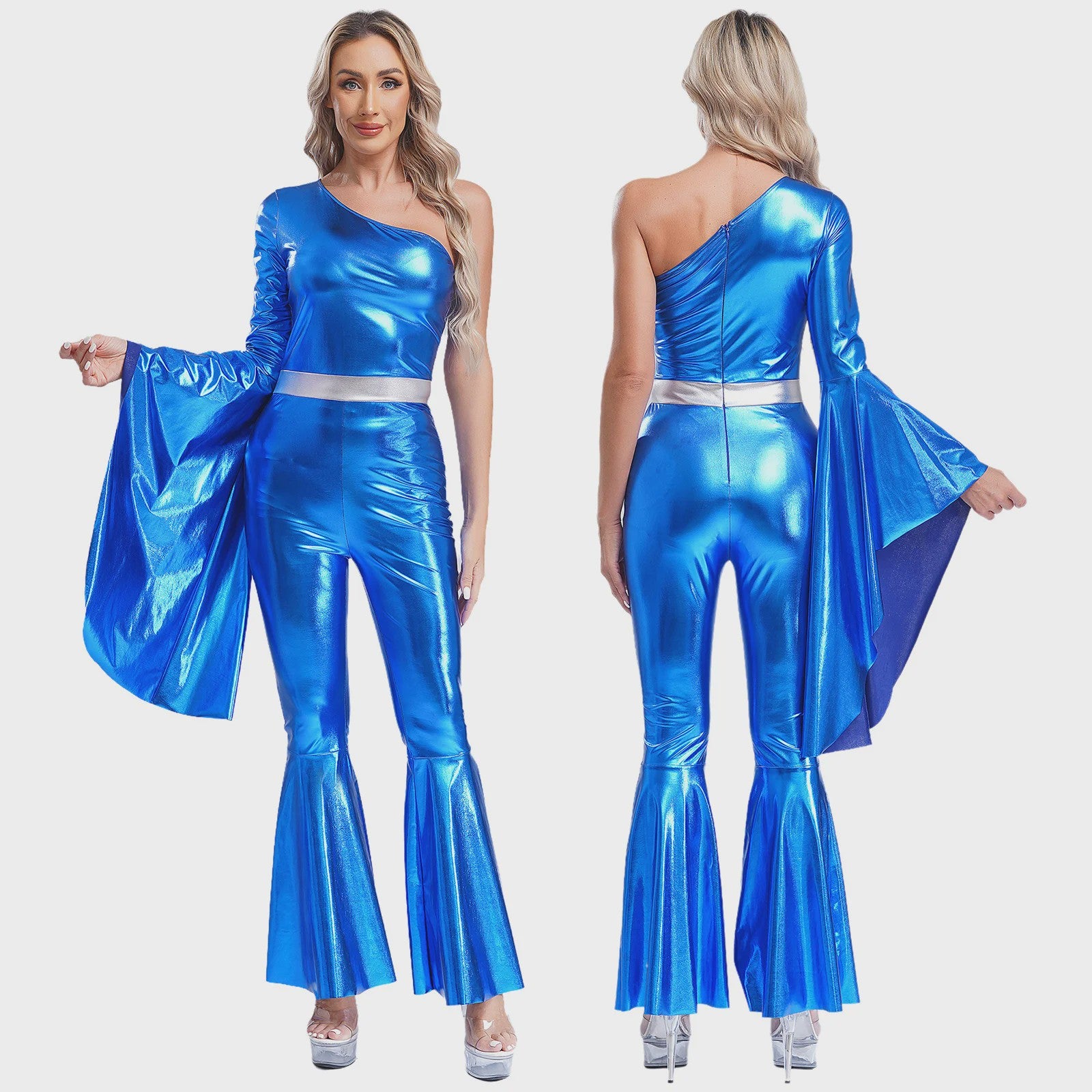 Dames Jumpsuit 70s Disco Metallic Met Wijde Pijpen en Flare Mouwen