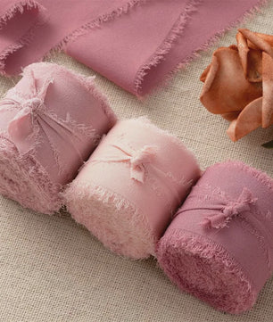 Handgemaakte Satijn Chiffon Lint Set - 3 Rollen van 5m met Rafeleffect voor Bruiloft, Cadeau & DIY Decoratie