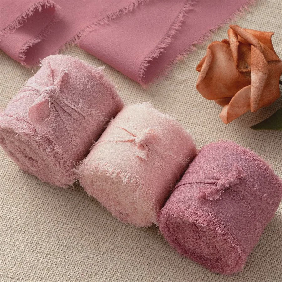 Handgemaakte Satijn Chiffon Lint Set - 3 Rollen van 5m met Rafeleffect voor Bruiloft, Cadeau & DIY Decoratie