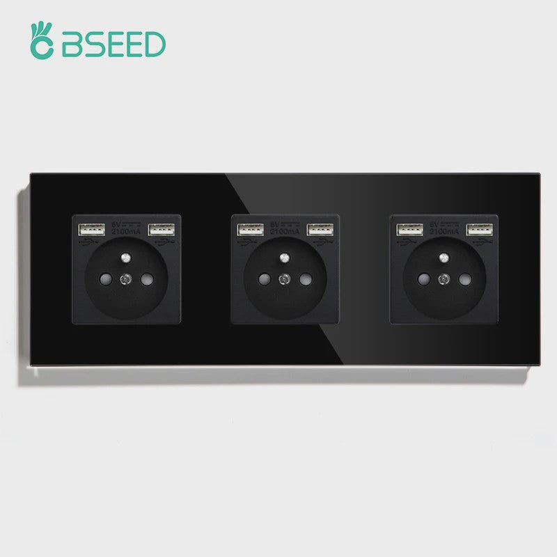 BSEED Wandcontactdoos met Dubbele USB & Type-C Poorten - Stijlvol Glazen Frame