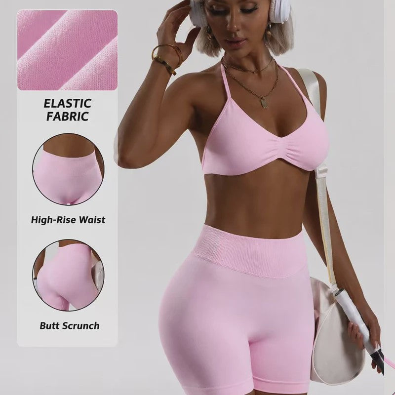 Naadloze Yogaset Dames: Sportbeha met Halternek & High Waist Shorts