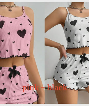 Dames Pyjama Set: 2-delig Tanktop & Shorts met Liefdesprint - Zacht & Ventilerend