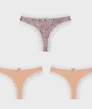 3-Pack Dames Slipjes met Kantrand - Low-Waist Thong & G-String in Luipaardprint en Effen Kleuren