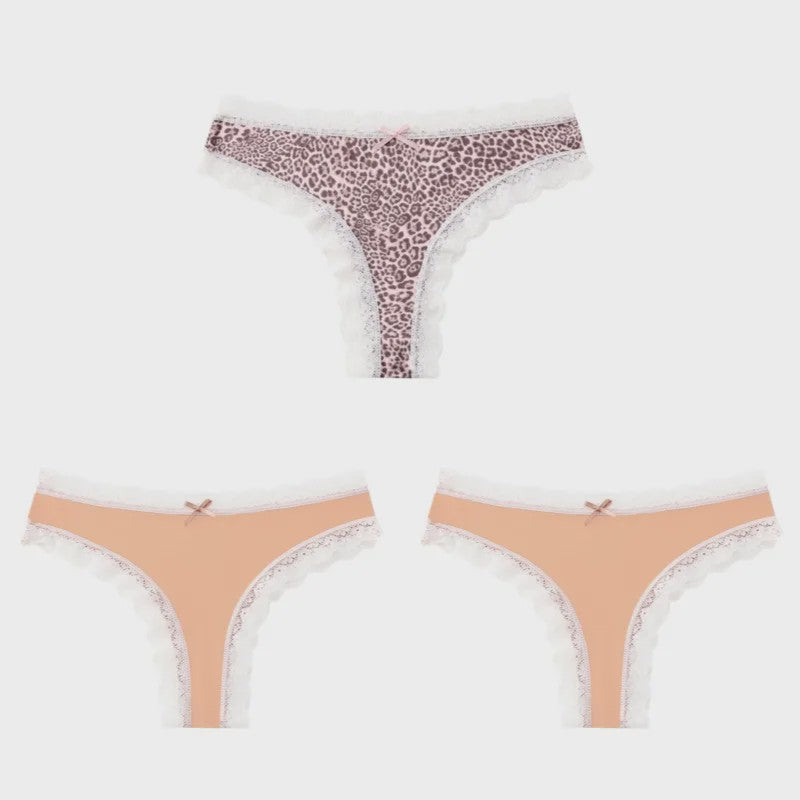 3-Pack Dames Slipjes met Kantrand - Low-Waist Thong & G-String in Luipaardprint en Effen Kleuren