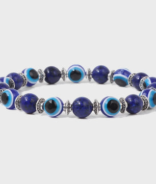 Set van 2 Handgemaakte Natuursteen Armbanden met Hanger Oog van Fatima & Lavasteen/Hematiet