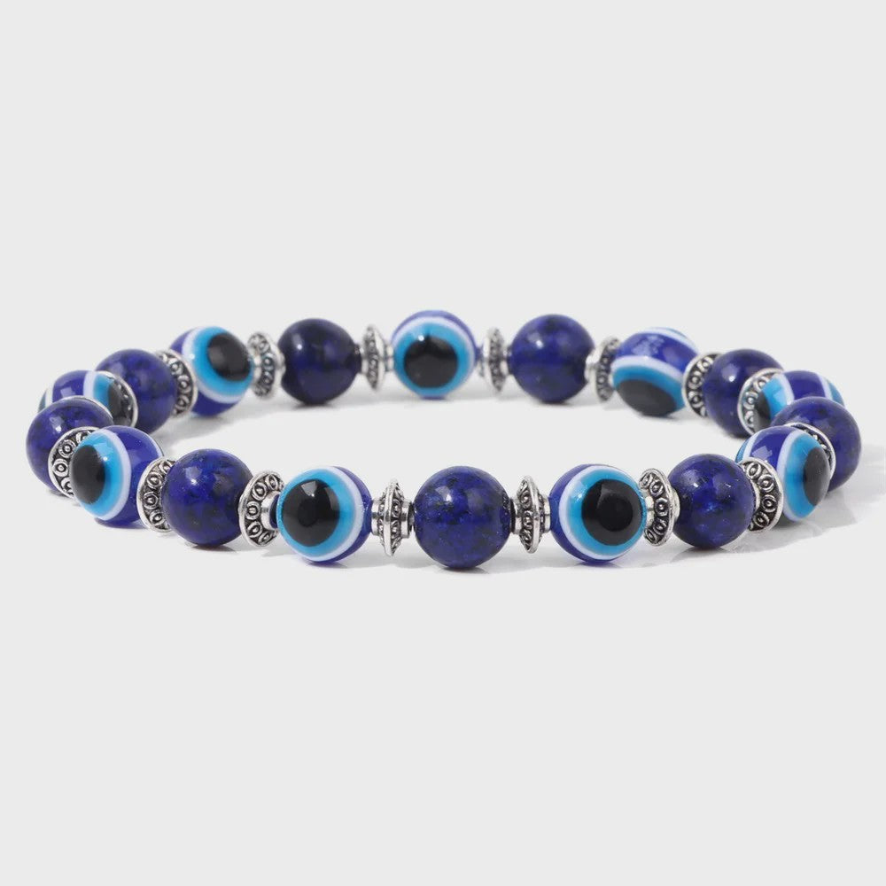 Set van 2 Handgemaakte Natuursteen Armbanden met Hanger Oog van Fatima & Lavasteen/Hematiet