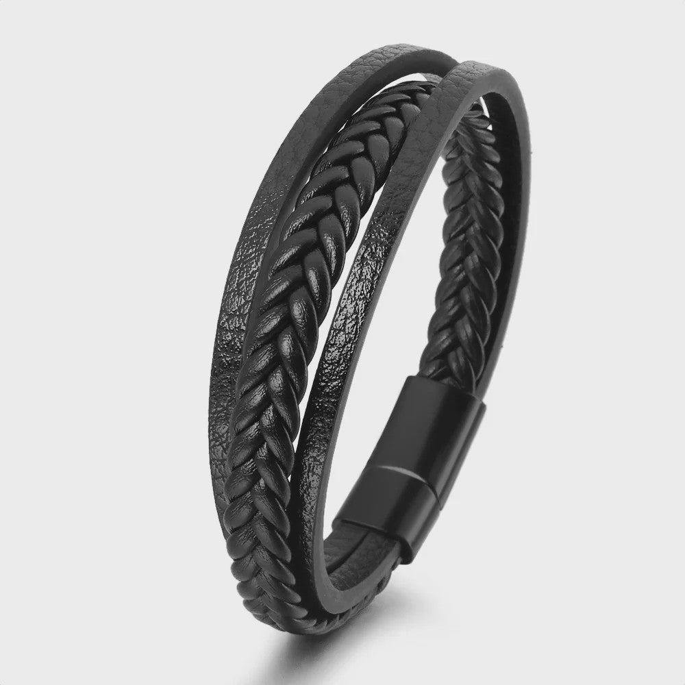 Trendy Heren Leren Armband - RVS & Gevlochten Touw, 21cm