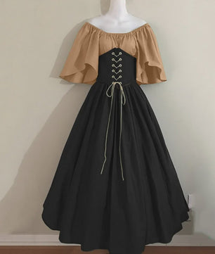 Middeleeuwse Retro Jurk met Contrastkleuren en Off-Shoulder Halslijn