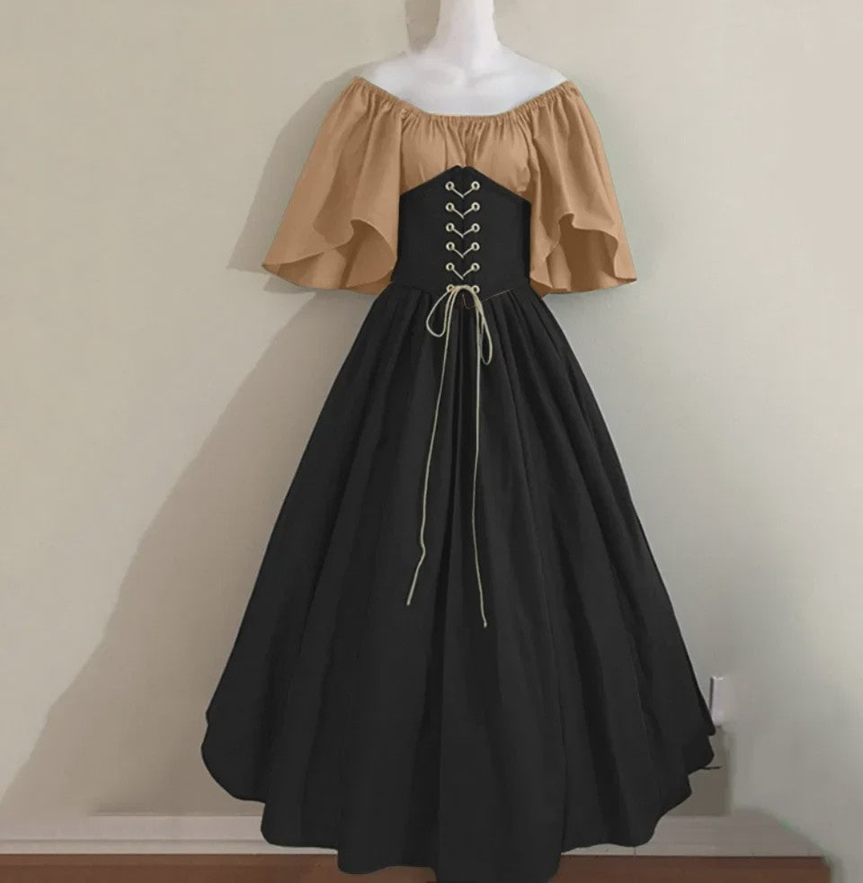 Middeleeuwse Retro Jurk met Contrastkleuren en Off-Shoulder Halslijn
