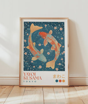 Japanse Kunst Poster: Yayoi Kusama Stijl Vliegende Kraanvogels & Koi Vissen