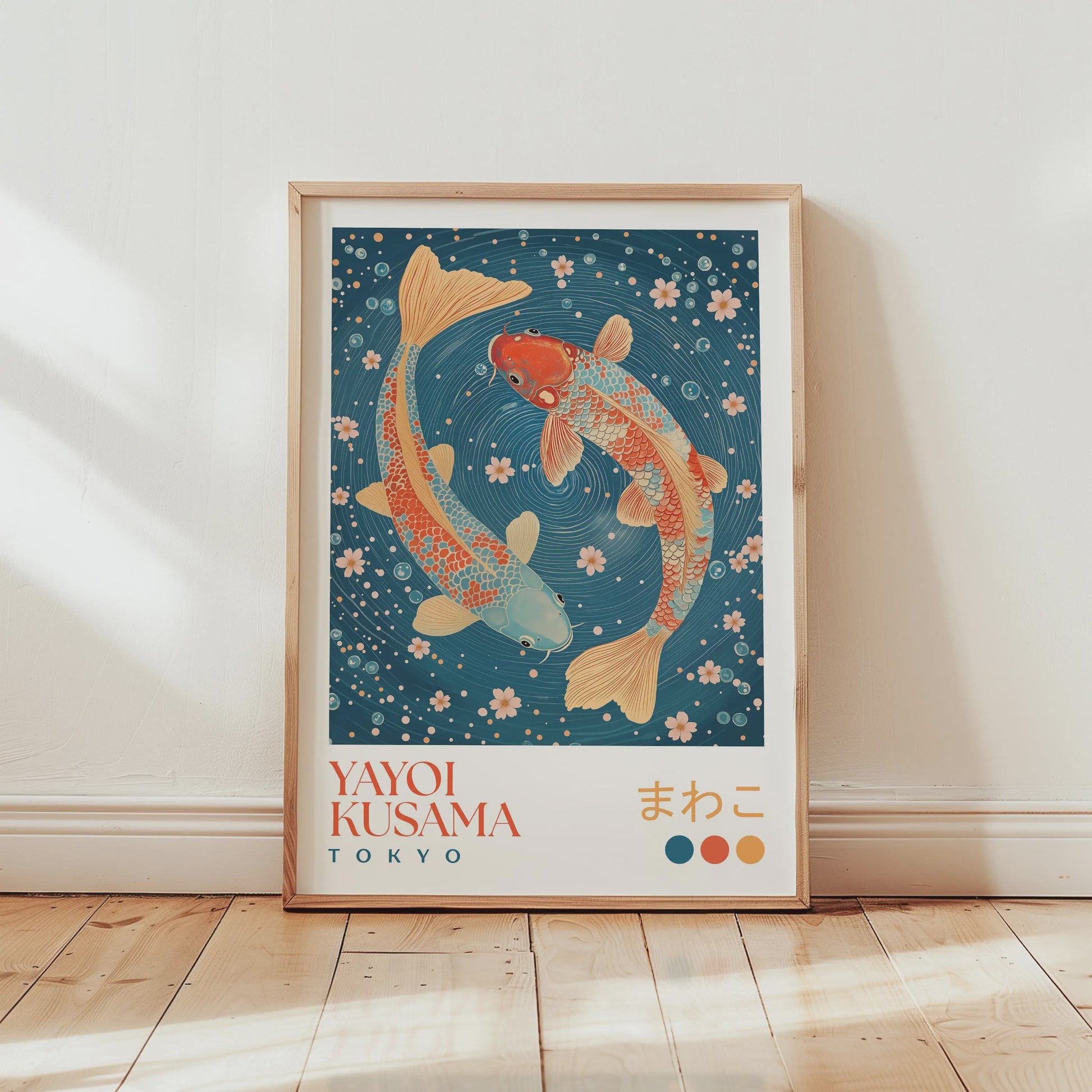 Japanse Kunst Poster: Yayoi Kusama Stijl Vliegende Kraanvogels & Koi Vissen