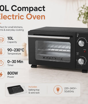 Compacte Elektrische Oven 10L - 800W, 90-230°C, Timer, Bakplaat & Rooster