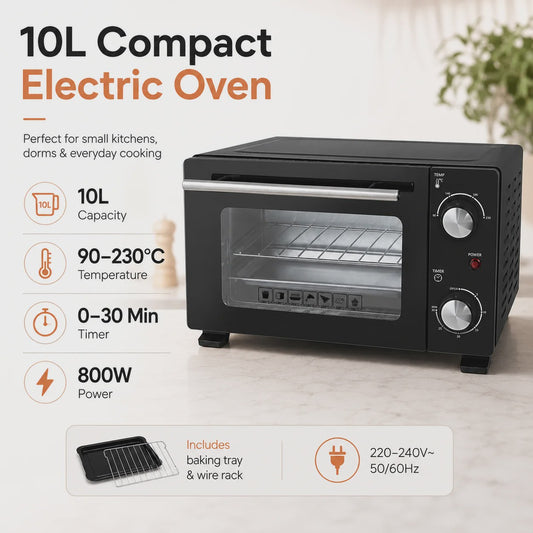 Compacte Elektrische Oven 10L - 800W, 90-230°C, Timer, Bakplaat & Rooster