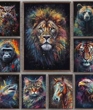 Abstracte Dieren Canvas Poster: Leeuw, Tijger, Aap, Uil - Muurdecoratie Woonkamer