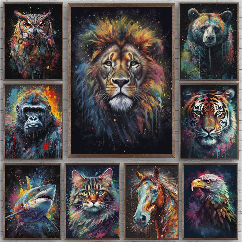 Abstracte Dieren Canvas Poster: Leeuw, Tijger, Aap, Uil - Muurdecoratie Woonkamer