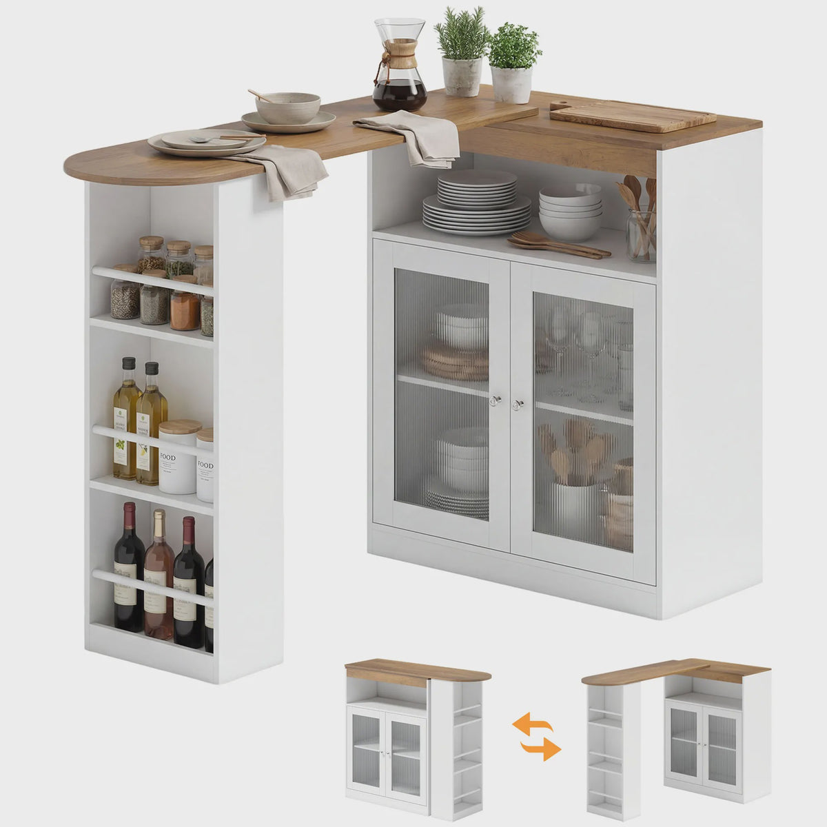 Draaibare Bartafel met Uitschuifbaar Deel en Opbergkast - Wit