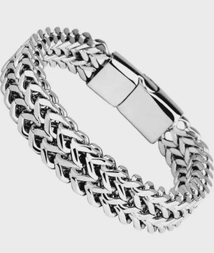 Stoere RVS Dubbele Riem Armband met Magnetische Sluiting - Visgraat Patroon