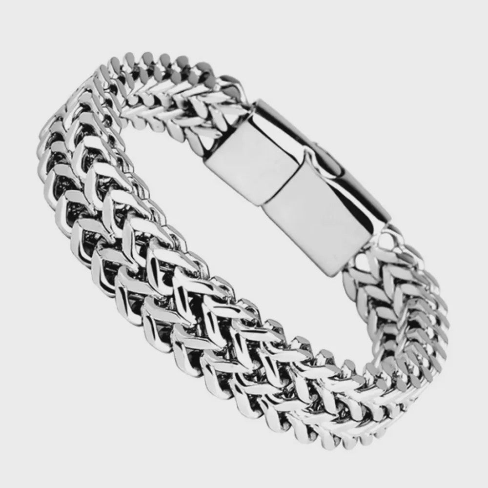 Stoere RVS Dubbele Riem Armband met Magnetische Sluiting - Visgraat Patroon