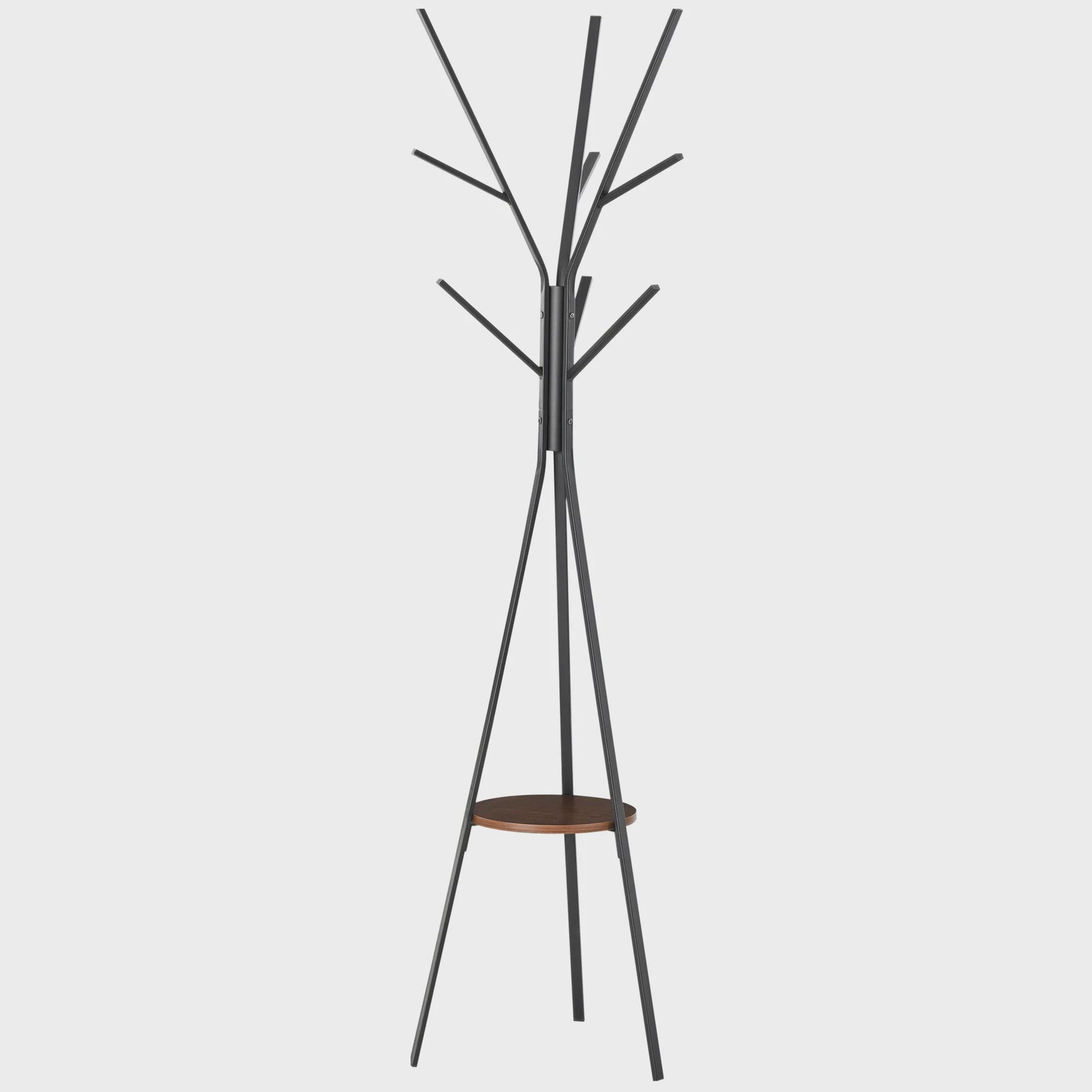 Stijlvolle Kapstok met Tripod Basis, Takken-vormige Haken & Plank - 180 cm Hoog - Bruin Metaal