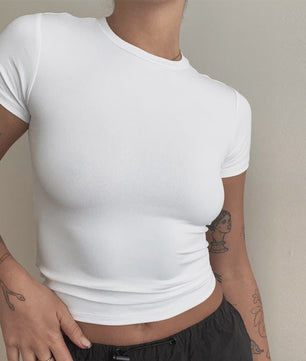 Dames Slim Fit Gebreid T-shirt met Ronde Hals - Korte Mouwen