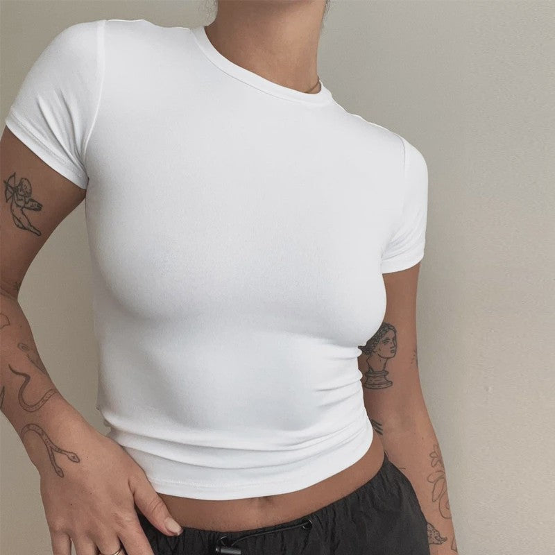 Dames Slim Fit Gebreid T-shirt met Ronde Hals - Korte Mouwen