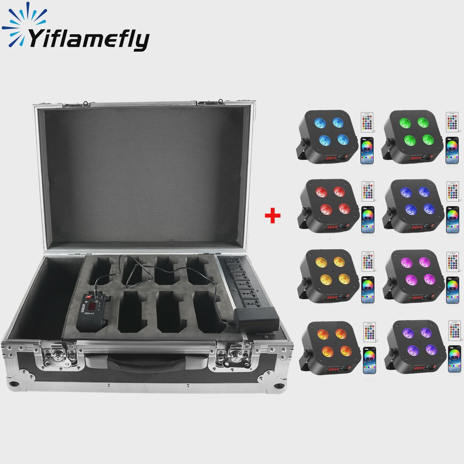Set van 8 Oplaadbare Mini Par LED Spots (4x18W RGBWAUV) met Flightcase