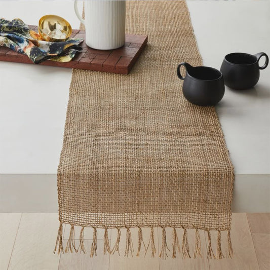 Natuurlijke Jute Tafelrunner met Franjes - Sfeervolle Decoratie voor Kerst en Bruiloft