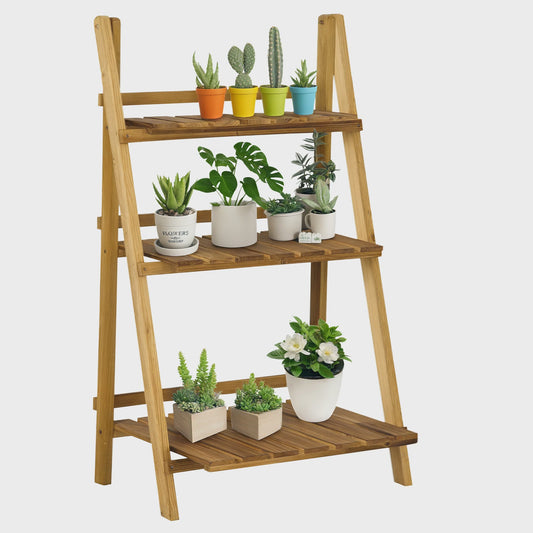 Outsunny Houten Plantenstandaard - Piramidevormig, Opvouwbaar, 3 Niveaus, 60x37x93 cm, Bruin