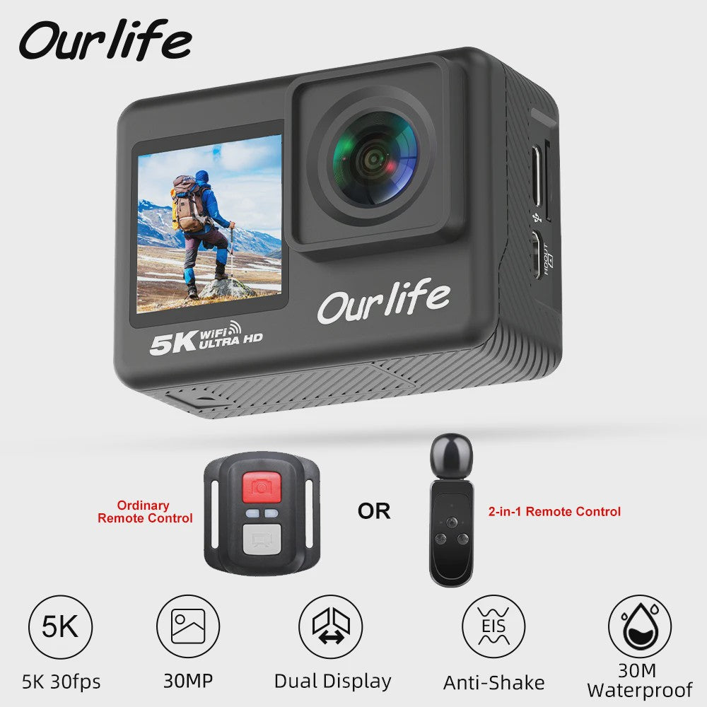 Ourlife MTR60 Pro 5K Actiecamera: 4K60FPS, WiFi, Waterdicht, Touchscreen & Afstandsbediening