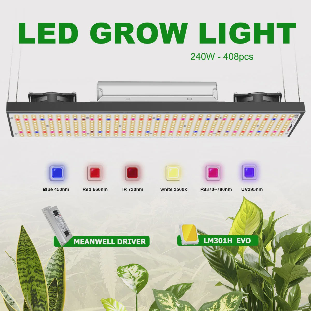 YUXINOU 240W Full Spectrum LED Kweeklamp met LM301H EVO Chips & Dimfunctie