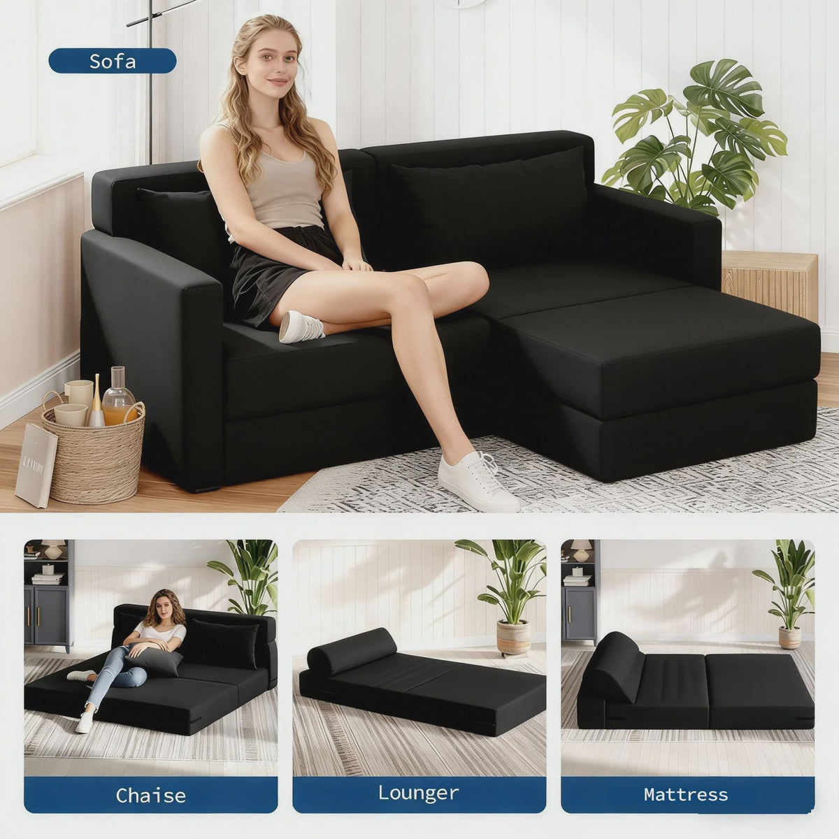 Garvee 4-in-1 Opvouwbare Futon Sofa Bed: Multifunctionele Slaapbank met Memory Foam Matras & Kussen