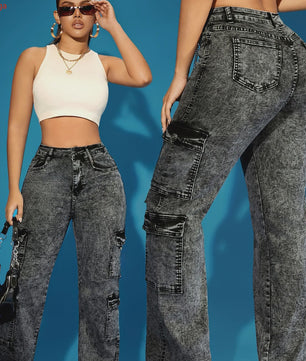 Dames Jeans met Meerdere Zakken - Zwart/Grijs - Stretch Denim - Maten XS-XXL