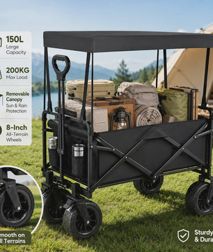 Opvouwbare Kampeerkar met Verstelbare Handgreep - 150L Grote Capaciteit, All-Terrain Wielen voor Strand, Tuin & Buiten
