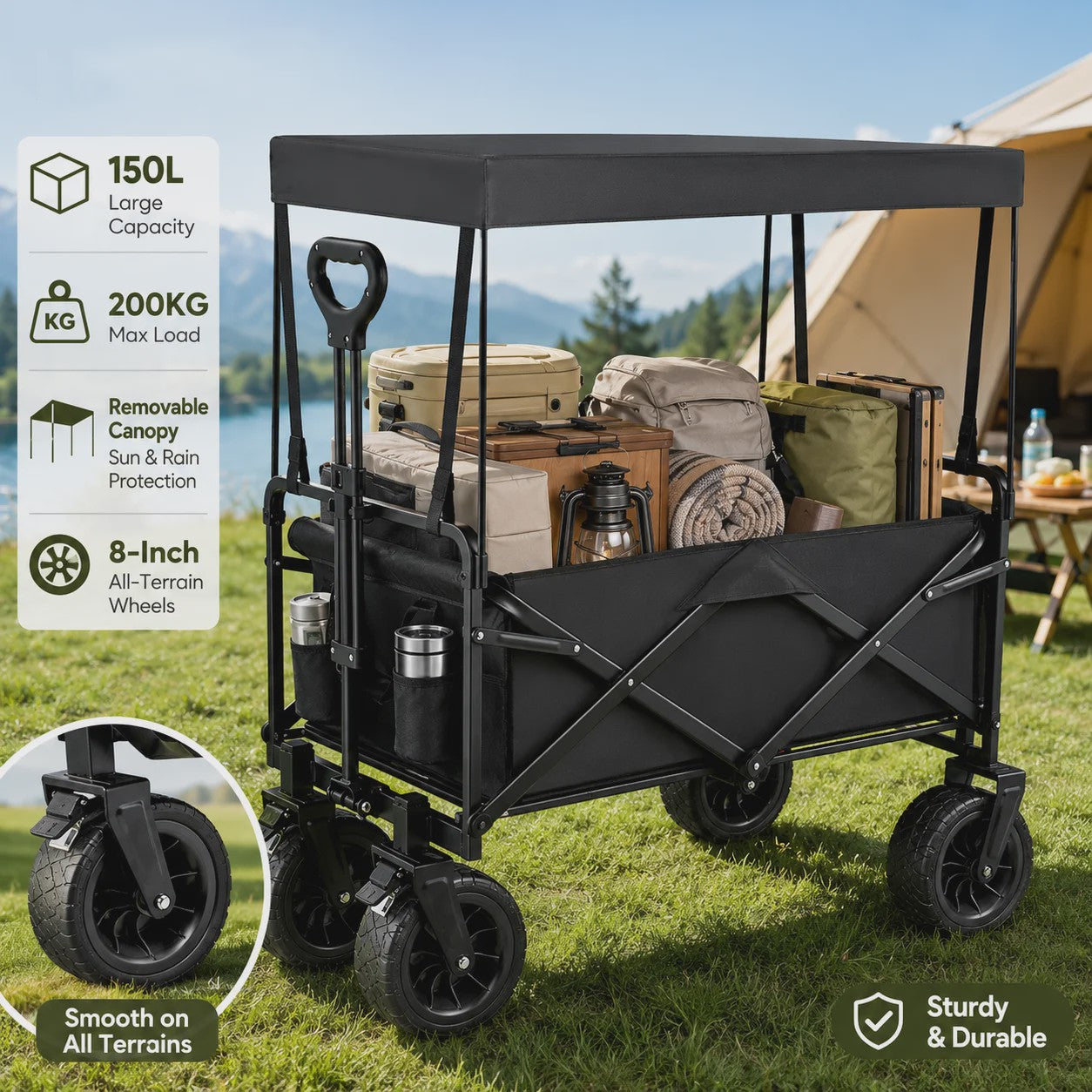 Opvouwbare Kampeerkar met Verstelbare Handgreep - 150L Grote Capaciteit, All-Terrain Wielen voor Strand, Tuin & Buiten