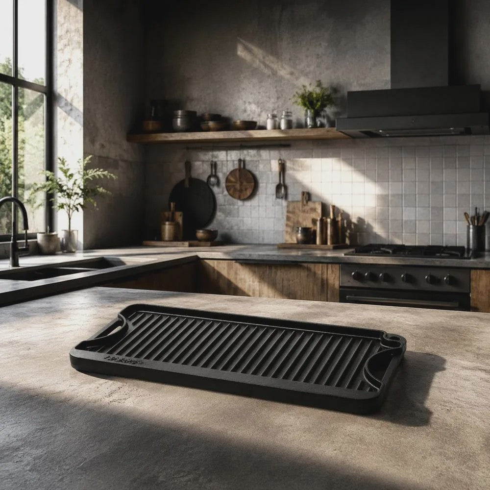 Omkeerbare Gietijzeren Grillplaat/Bakplaat 492x218mm - Draagbaar, Rechthoekig, Voor Binnen & Buiten Koken