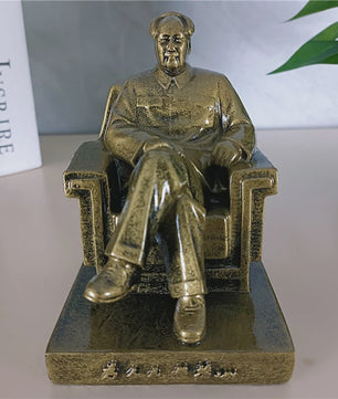Mao Zedong Zittend Beeld - Antiek Brons & Goudkleurig - President Mao Sculptuur