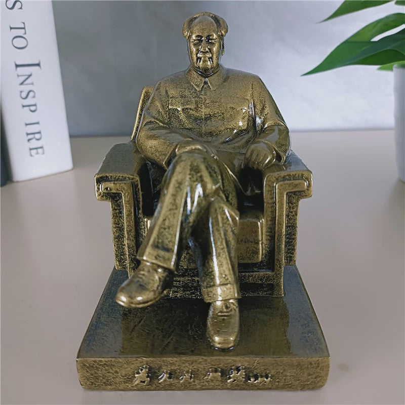 Mao Zedong Zittend Beeld - Antiek Brons & Goudkleurig - President Mao Sculptuur