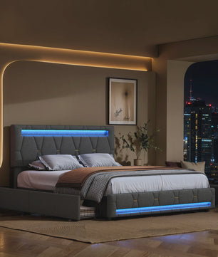 Modern Gestoffeerd Dubbel Bed met LED Verlichting en 4 Opberglades
