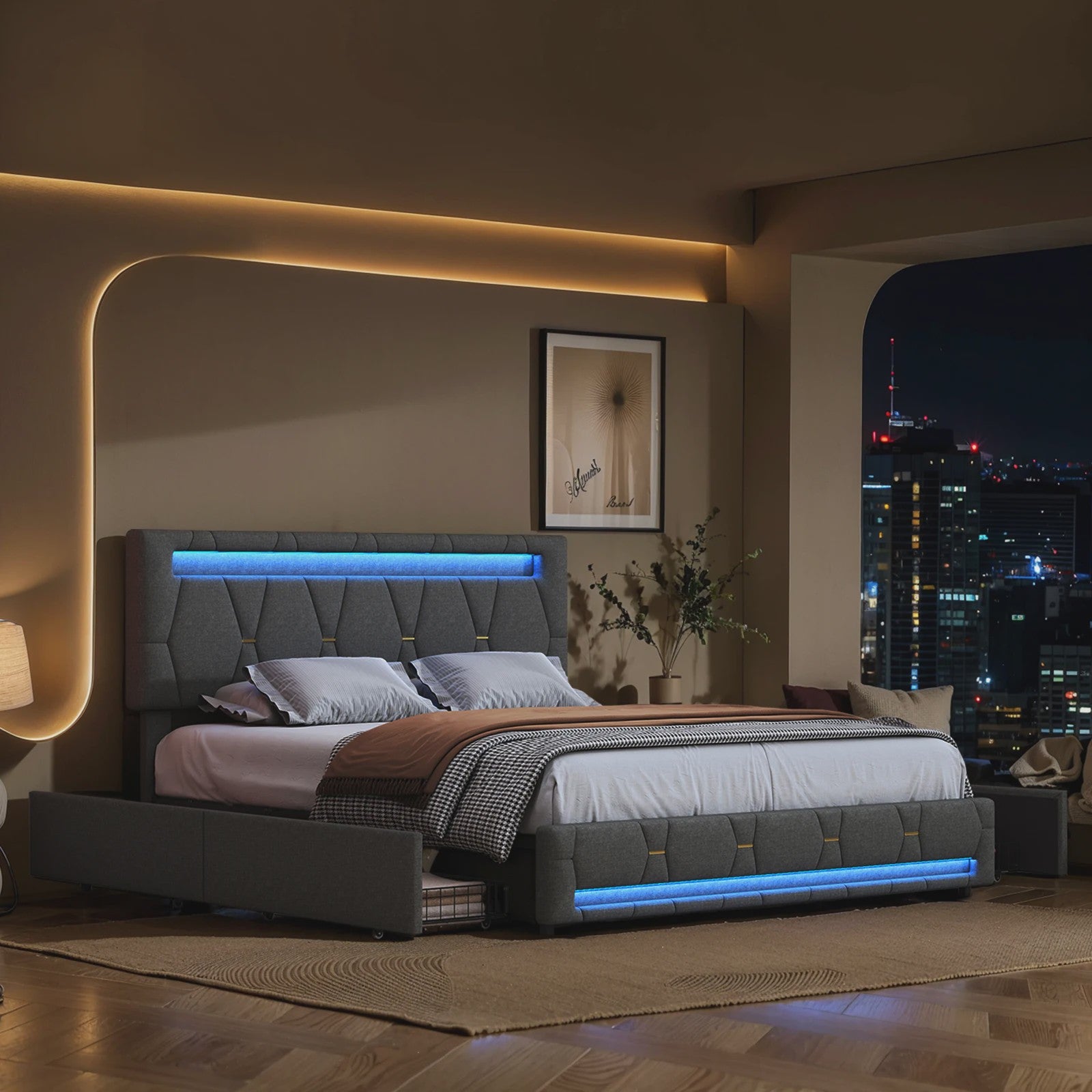 Modern Gestoffeerd Dubbel Bed met LED Verlichting en 4 Opberglades