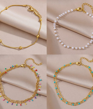 Gouden Roestvrij Staal Enkelbandjes met Parels en Kleurrijke Bedels - Zomer Sieraden