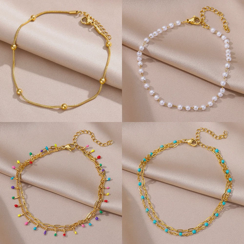 Gouden Roestvrij Staal Enkelbandjes met Parels en Kleurrijke Bedels - Zomer Sieraden