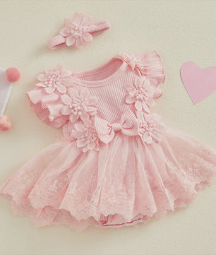 Prinsessen Baby Meisjes Romper Jurk met 3D Bloemen, Kant & Hoofdband - Zomerkleding