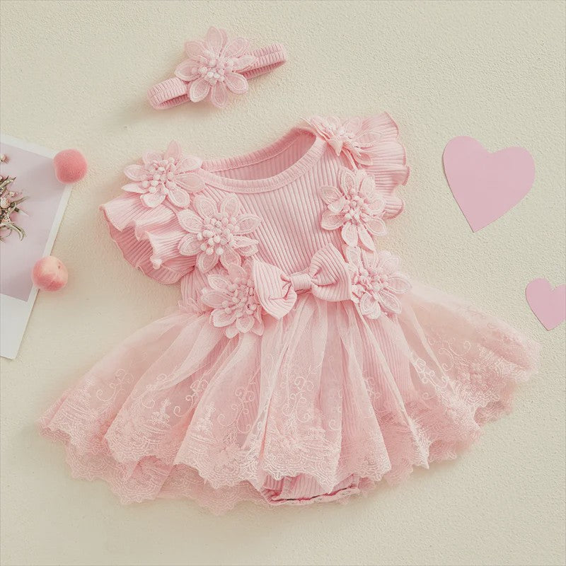 Prinsessen Baby Meisjes Romper Jurk met 3D Bloemen, Kant & Hoofdband - Zomerkleding