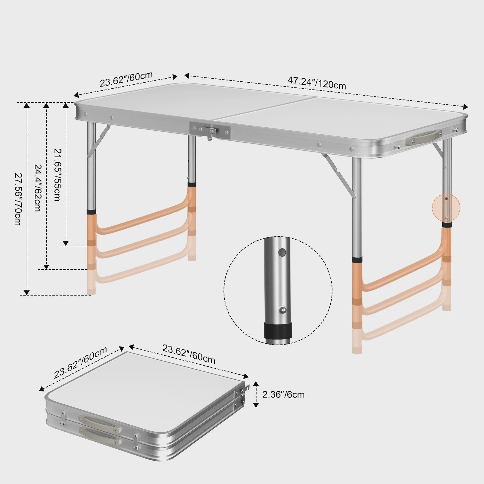 Aluminium Campingtafel 120x60x70cm - Opvouwbaar, Draagbaar & Verstelbaar voor Picknick, Bureau, Diner