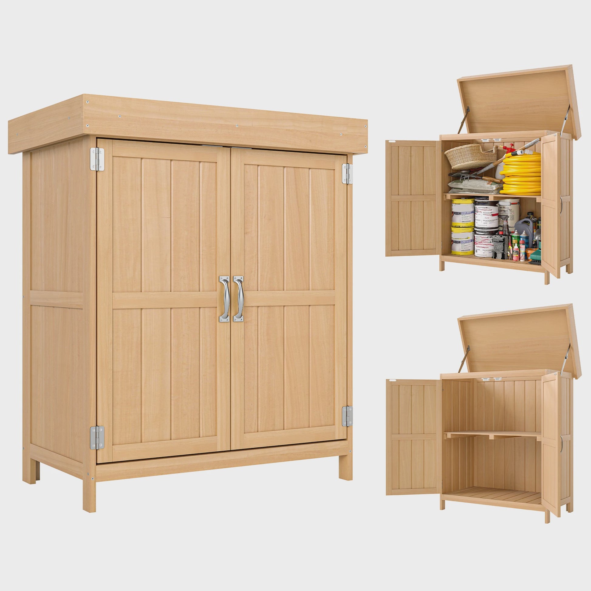 Outsunny Houten Tuinkast op Poten met Dubbele Deuren en Schuin Dak - 74x43x88 cm