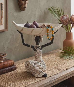 Afrikaanse Tribale Vrouw Beeld met Blad Schaal - Decoratieve Opberger